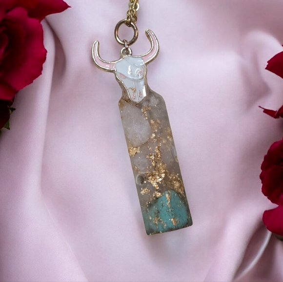 Earth Art hand crafted artisan Jewelry - Rose Quartz & Turquoise Resin Cylinder Pendant Necklace | Gold Foil Accent | 20”